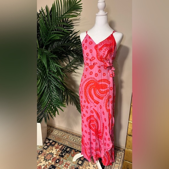 Farm Rio Octocool Wrap Dress V Neck Ruffled Detail Asymmetric Hem Pink Size M - Picture 4 of 8